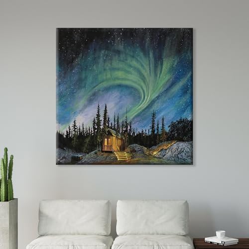 Image of Exsha Aurora Borealis Art Print|Northern Lights Forest Square Canvas Wall Painting|Nature Painting for Wall Decoration|Paintings for Living Room, Bedroom, Office|24x24 Inch|Exquisite Home Decor Gift