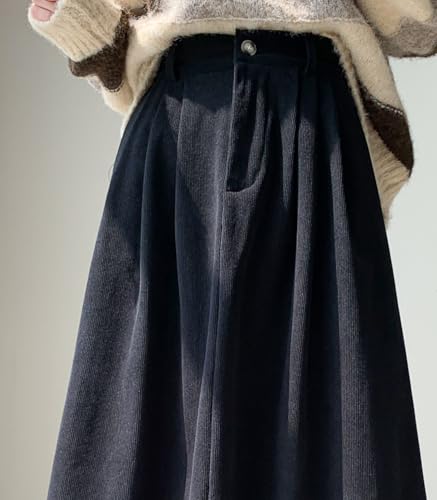 chouyatou Women's Vintage Corduroy A Line Skirt High Elastic Waist Pleated Swing Midi Long Skirt with Pockets3