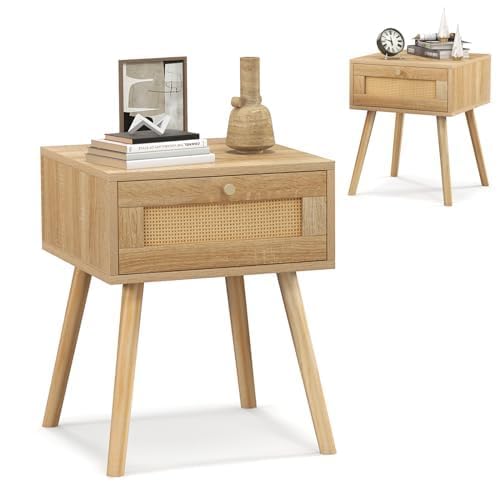 RELAX4LIFE Mesita de Noche de Ratán con Cajón|Asa de Metal|Patas de Pino Macizo, Mesilla de Noche de MDF, Mesa Auxiliar para Dormitorio, Salón, Pasillo, Natural (2, 1 Cajón‎| 40x40x55cm)