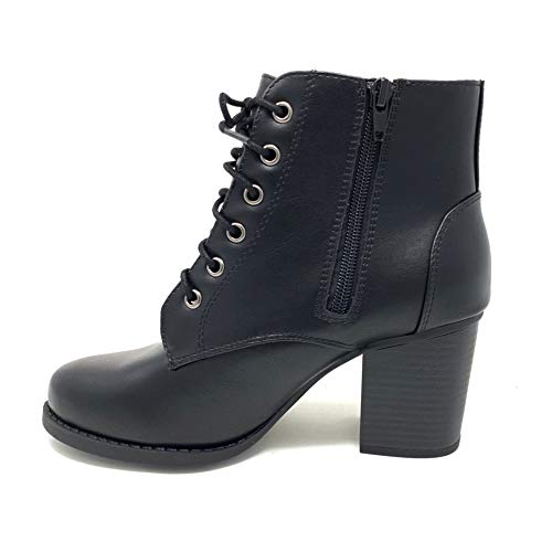 Soda Women's Korman Faux Leather Lace Up High Chunky Heel Ankle Booties, Black PU, 8 M US