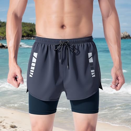 Men's 2-in-1 Double Layer Stretch Shorts with Pockets for Gym, Running & Swimming