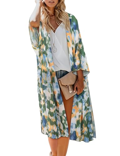 MayBuy Kimonos for Women Swimsuit Coverups Beach Cover Up Swimwear Long Flowy Chiffon Cardigan Summer Boho Open Front Cover Up Green Floral S