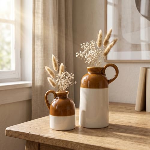 Image of PUREZENTO Ceramic 'Vintage Jar Vase' - Set of 2 (3.0 & 5.5 Inches) | Rustic Flower Vase for Pampas Grass, Dried Flowers & Table Decoration | Decorative Vase Set for Home Decor, Office, Living Room