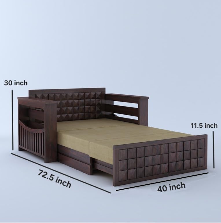 Image of Solid Sheesham Wood Sofa Cum Bed 2 Seater | Wooden Foldable Double Bed for Living Room with Storage | Bed Cum Sofa with Mattress for Home | Full Diamond Design (Walnut Finish)