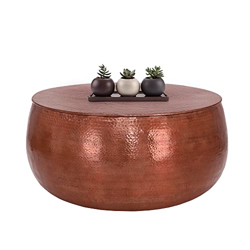 WOMO-DESIGN Couchtisch Ø 90x45 cm Kupfer, Unikat, Hammerschlag-Optik, Handgefertigter Beistelltisch, Orientalischer Wohnzimmertisch, Runde Tisch, Aluminium Loungetisch, Metall Tisch, Flacher Sofatisch