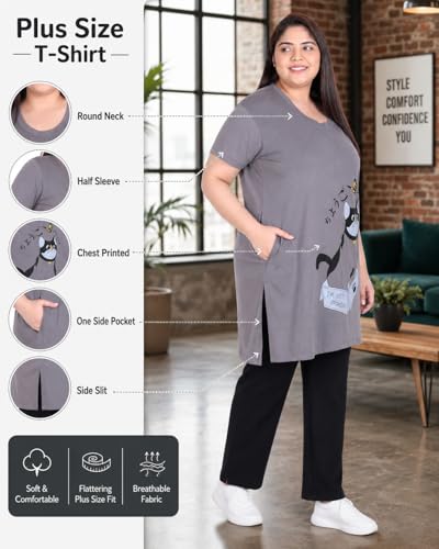 Image of In Love Women Cotton Regular Fit Plus Size Long-Line Chest Print T-Shirt with Pocket