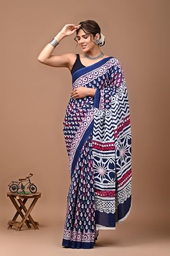 Image of Crafts Moda Hand Block Ajrakh Print Cotton Saree for women with Blouse | Soft comfortable wear sari