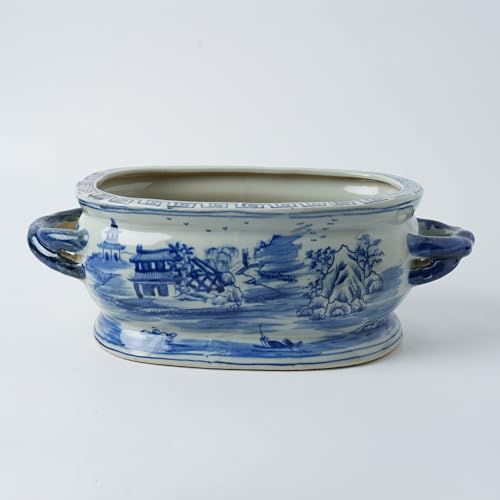 XIGGJYL JINDEZHEN Vintage Blue and White Flower & Birds Porcelain Footbath Planter Chinoiserie Scenery Motif Ceramic Flower Pot (Blue2)