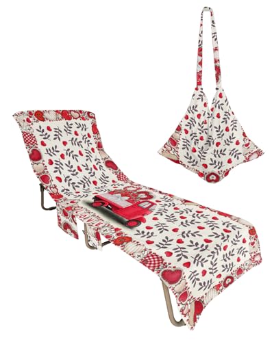 Valentine's Red Car Beach Chair Towel Covers for Chaise Lounge with Side Pocket, Soft Plush Pool Towels Cover for Patio Sunbathing Outdoor 29''x85'' Truck Love Spring Rose Floral