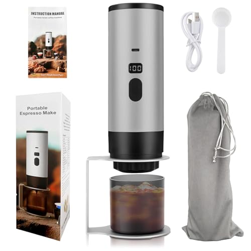 LengSuaa Cafetera portátil, 3 en 1, recargable por USB, mini máquina de café de viaje inalámbrica con autocalentamiento y pantalla LCD, soporte y bolsa de almacenamiento, ligera para coche, camping