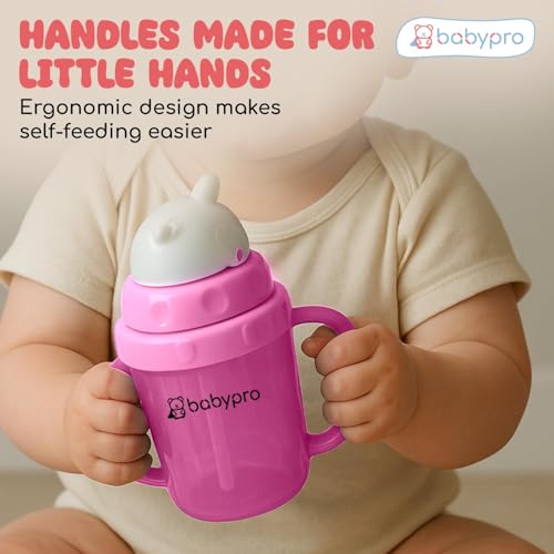 Image of BabyPro Baby Sipper Mug with Straw, 180 ml, Pink, for Babies 1+ Years | Toddler Drinking Bottle, Spill Proof, BPA Free, Easy Grip, Soft Spout, Leak Proof