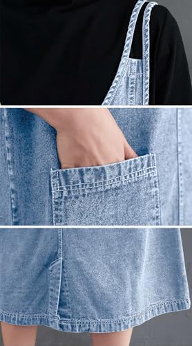 Image of ebossy Women's Sleeveless V Neck Denim Overall Jumper Dress Casual Loose Double Spaghetti Straps Midi Jean Dress