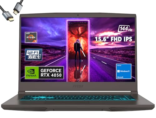 MSI Notebook para jogos fino de 15 de 15,6 polegadas e 144 Hz, AMD R5-7535HS, RTX 4050, Windows 11, com HDMI (16 GB de RAM | SSD PCIe de 1 TB)