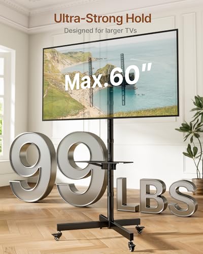 Image of Heavy-Duty Rolling TV Stand for 23 inch-60 inch Screens, Supports 121 lbs (99 lbs TV + 22 lbs Shelf), Stable Mobile TV Cart with Height & Tilt Adjustment, Portable TV Stand on Wheels, Max VESA 400x400