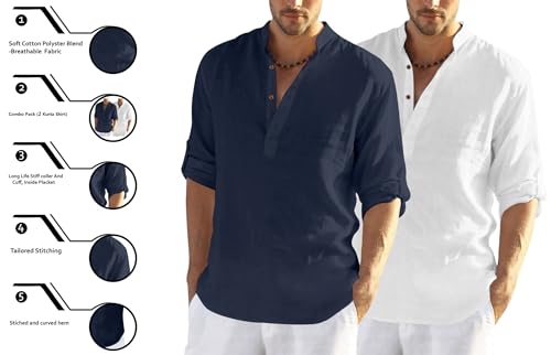Image of FINIVO FASHION Men's Cotton Blend Solid Full Sleeve Combo Short Kurta Shirt, Regular Fit Solid Pattern Mandarin Collar Straight Kurta Shirt