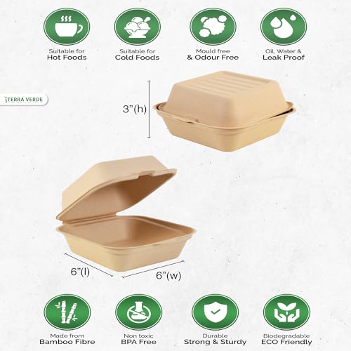 Terra Verde 6x6" Disposable Bamboo Fibre Burger Boxes – Pack of 50 | Unbleached Natural Brown Clamshell | Compostable, Eco-Friendly & Sturdy Takeaway Containers for Hot & Cold Food, Salad, Pastry