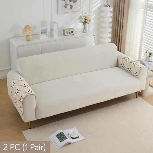 Image of HOKIPO 'Elira Series' Digitally Printed Water Repellent + Waterproof Sofa Armrest Cover with Pockets (2Pcs) - Natural Beige Abstract Art (AR-5251-C4*2)