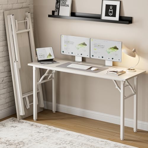Image of Frylr Small Folding Computer Desk - Portable 55.1 Inch Foldable Laptop Table, Collapsible and Compact for Easy and Fast Setup, Lightweight for Small Spaces, Home Craft and Study Use, White Ash