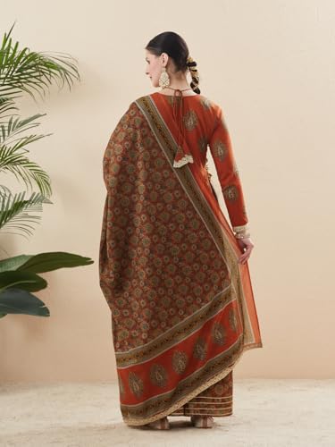 Image of MOKOSH Women's Cotton Print Anarkali Kurta Sharara with Dupatta | Anarkali Kurta Set | Queen Anne Neck Full Sleeve Ethnic Suit | Floral Kurta 3 Colour Option Available | 3 Piece Outfit