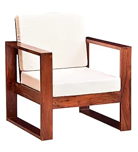 INDIGO INTERIORS Solid Sheesham Wood Cube Single Seater Sofa for Bedroom, Wooden Sofa Cum Armchair For Living Room with White Cushion ,(Teak Finish, Brown)
