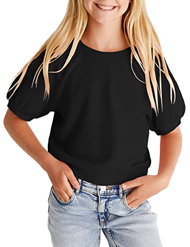 Image of Kids Girls Cute T-Shirt Short Puff Sleeve Basic Solid Casual Loose Pullover Ribbed Cuffs Hem Tees