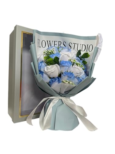 HWSHOW ソープフラワー 花束 造花 グラデーションカラー 誕生日 結婚記念日 プレゼント ギフト インテリア バラ 枯れない お花 手提げ付き メッセージカード付き 女性 母の日 敬老の日 還暦 バレンタインデー クリスマス 新年 彼女 送別会 退職感謝 お礼 昇進 転居 お見舞い 青