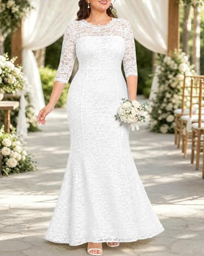 Image of Pinup Fashion Plus Size Formal Dress Women Wedding Lace Evening Gowns | Elegant lace mermaid evening gown, sheer 3 /4 sleeves, ideal for mother of the bride, prom, wedding guest