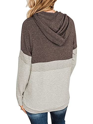 Butgood Womens Spring 2023 Long Sleeve Color Block Hoodies Crewneck Casual Cute Striped Tunic Sweatshirts Brown #TOP3