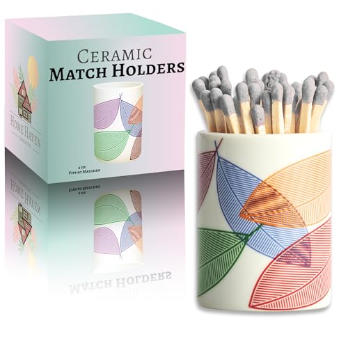 Decorative Ceramic Match Holder with Striker Pads - Colorful Leaves Design - Matchstick Holder with Striker - Adorable Hippie Room Decor - Decorative Matches Holder with Striker