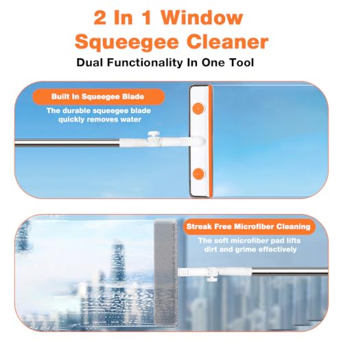 Image of HASTHIP 51'' Window Cleaning Tool with Scraper & Microfiber Head - 2-in-1 Multifunctional Window Glass Cleaning Tools, 180 Rotatable Head for High Windows, Shower Glass, Car Windshield-Yellow