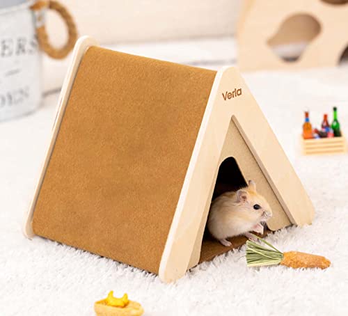 Hamster Hideout Clearance, 2-in-1 Hamster Accessories Climbing Toy Wooden House Habitat Cage Decor Warm Bed for Dwarf Syrian Hamsters Gerbils Mice, Cute Tent Shape Stable Hut
