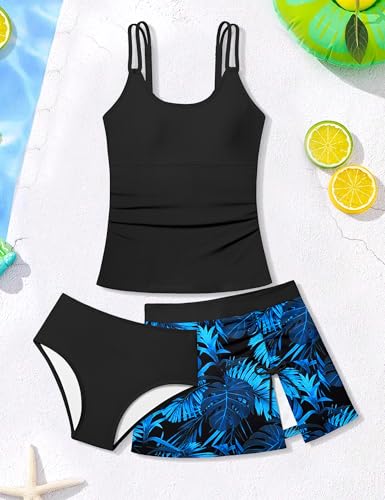 Image of Girls Swimsuit Tropical 3 Piece Tankini Adjustable Strap Bathing Suit Solid Modest Swimwear with Drastring Skirt 9-16y