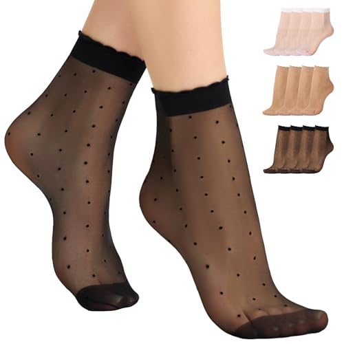 Yilanmy Damen Nylon Socken Dots Seidenfein 10 DEN Transparente Rüschen Feinsöckchen Punkte Gemusterte Socken Nylonstrümpfe 12 Paar(4 Paar Schwarz 4 Paar Weiß 4 Paar Hautfarben)