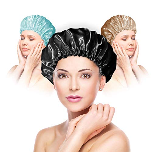 PUSSAER 3Pack Shower Cap for Women Long Hair, Reusable EVA Extra Large Shower Hair Hat, Double Waterproof Protection, Kids, Men(Baby Blue, Brown, Grey 13 inches)
