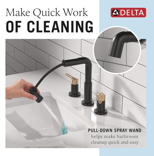 Image of Delta Nicoli Matte Black /Brushed Gold Bathroom Faucet with Sprayer, 8 Inch 3 Hole Widespread Bathroom Sink Faucet with Pull Out Sprayer, Push-Pop Drain, Matte Black /Champagne Bronze 35849LF-GZPD