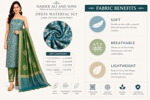 Image of HAIDER ALI AND SONS Women's Cotton Silk Batik Print Unstitched Dress Material with Dupatta | Handloom Salwar Suit Material | Kurta Fabric, Bottom & Dupatta Set | Ethnic Wear for Office