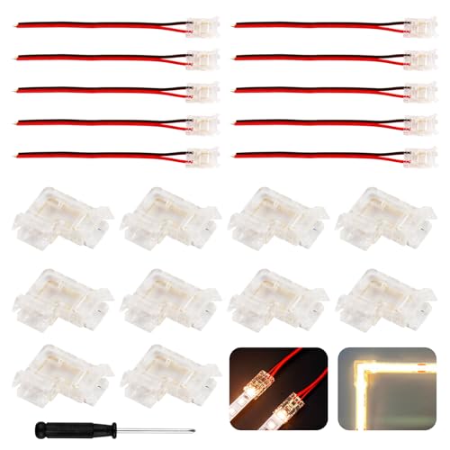 CJMUQHEHH 20 stuks COB-ledstripconnectoren, soldeervrije led-stekker, 2-polig voor 8 mm breedte, COB 2 pins, 10 stuks hoekverbindingen en 10 stuks transparante middenverbinders, stripconnectoren voor