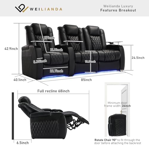 Weilianda Home Theater Seating Top Grain Leather Zero Gravity Recliner Chair Power Headrest Recline Movie Seat Gaming 7 Colors Mood Light Sofa with Tray Table USB Charge Row of 3 Loveseat Right Black