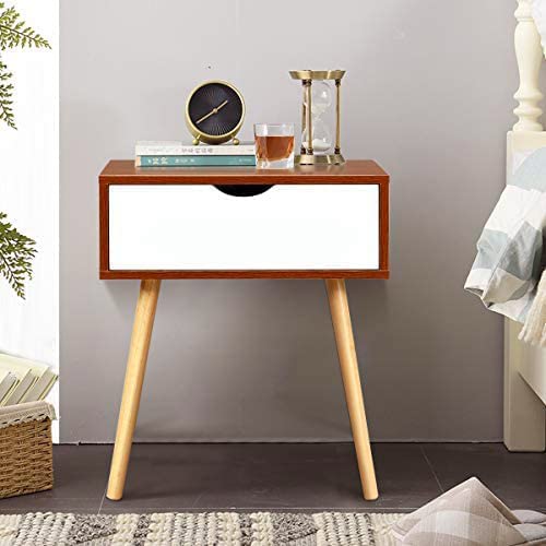 Image of Storage Nightstand Mid-Century Modern Bedside Table with Solid Wood Legs Minimalist and Practical End Side Table- 1 Drawer -Brown White