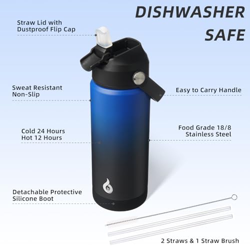 Image of BJPKPK Insulated Water Bottle with Straw Lid, 18oz Thermo Water Bottles, Flex Handle & Non-slip Boot, BPA Free Leak Proof Stainless Steel Metal Thermo, Tumblers, Cups,Black Blue