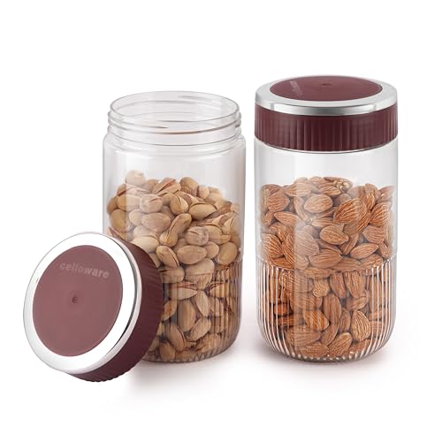 Image of CELLO Mint Storage Canister For Kitchen Set of 2, (1000 ml x 2), Maroon | Food Grade, Stackable, See Through |Nestable Storage Pet Container with Lid for Food, Pulses, Spice, Cereals, Cookies,Dry Food