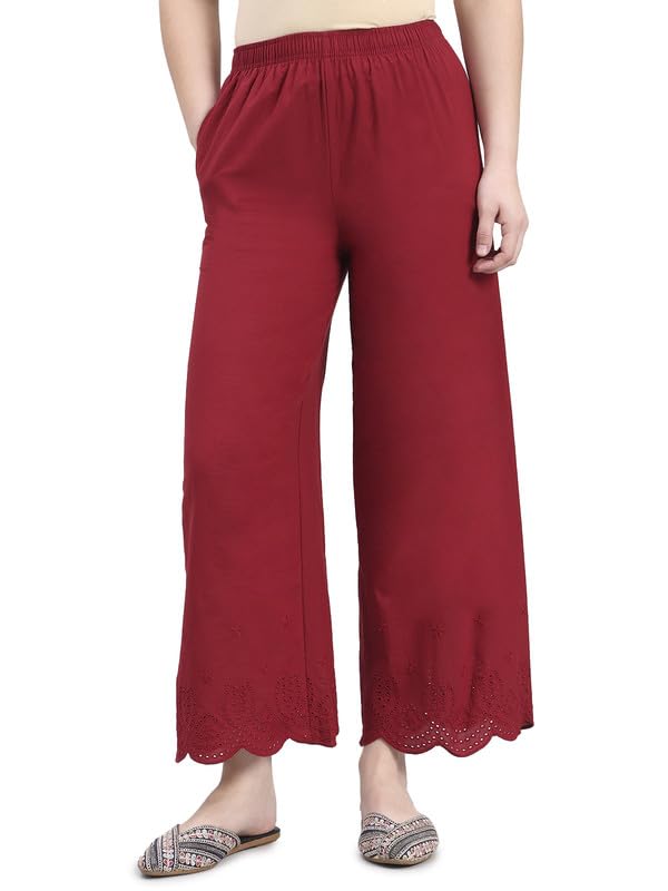 Image of GO COLORS Women's Cotton Hakoba Palazzo | Ankle Length, Schiffli Embroidery, Relaxed Fit, Mid-Rise with Side Pocket