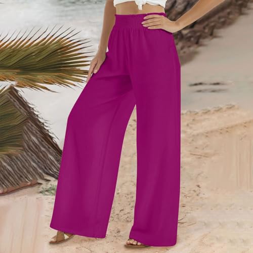 Palazzo Pants for Women Casual, Plus Size Smocked High Waisted Flowy Pants Wide Leg Linen Trousers with Pockets 20253