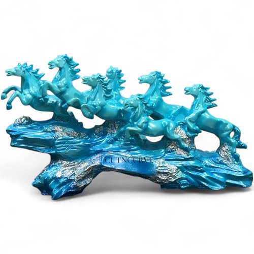 Image of 7 Running Horses | Vastu, Feng Shui Statue for Good Luck Wealth Health Happiness White Horses with Golden Touch | Home Decor Gift for Home, Office, Resin (L-17, H-10 Inch) (Sky Blue)