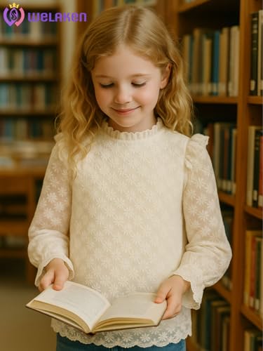 Girls Daisy Lace Blouse Ruffle Neck Long Sleeve Pure Cotton Shirt Size 5-12Y2