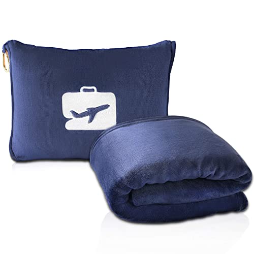 Image of EverSnug Travel Blanket and Pillow - Premium Soft 2 in 1 Airplane Blanket with Soft Bag Pillowcase, Hand Luggage Sleeve and Backpack Clip (Navy Blue)