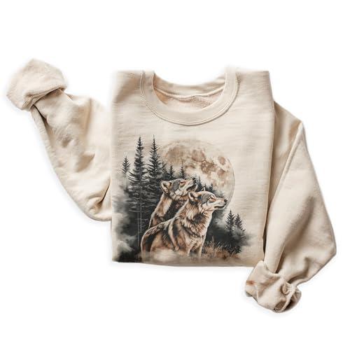 Vintage Wolf Wilderness Scene Sweatshirt - 90s Vintage Wolves Howling At Moon Sweatshirt - Scenic Winter Evergreen Pine Tree Forest Nature Sweater - Unisex Graphic Crewneck Sweatshirt