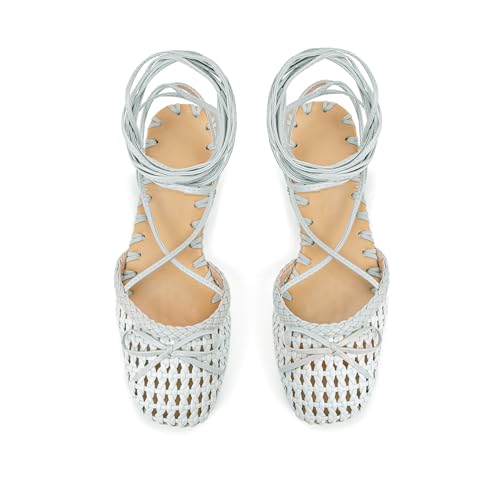 Image of Woven Ballet Flats for Women Lace Up Closed Square Toe Summer Sandals Dressy Shoes