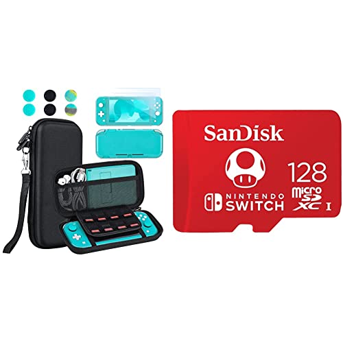 innoAura Accessoires pour NS Switch Lite, Comprenant Étui de Transport Portable avec 8 Cartouches de Jeu, TPU Transparent Housse & SanDisk Carte microSDXC UHS-I Cover