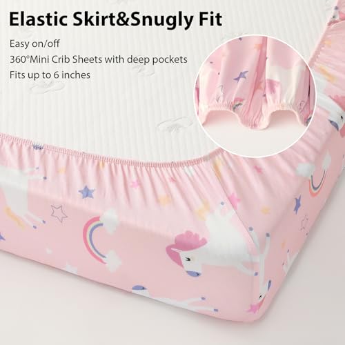 Image of Baby Mini Crib Sheets Girl, Portable 38 inchx26 inch Pack and Play Sheets Fitted for Playard and Pack N Play Mattress, 3-Pack Soft Microfiber Pink Purple Rainbow